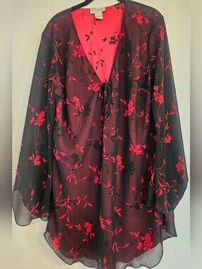 Laura Leigh Ltd Y2K Sheer Floral Overlay V-Neck Babydoll Nightgown - XL